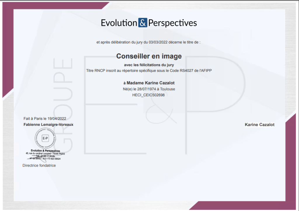Karine Cazalot diplôme de conseillère en image